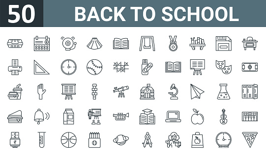 set of 50 outline web back to school icons such as lunch box, calendar, buzzer, skirt, books, swing, medal vector thin icons for report, presentation, diagram, web design, mobile app.