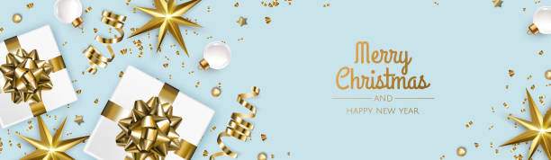 istock Merry Christmas and Happy New Year. Xmas Festive background with realistic 3d objects, gift box, gold balls. 1480586627