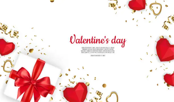 Vector illustration of Happy Valentines Day. Realistic 3d design of festive objects gift box, heart, gold confetti. Holiday banner, web poster, flyer, stylish brochure, greeting card, Vector illustration