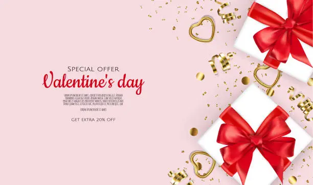 Vector illustration of Happy Valentines Day. Realistic 3d design of festive objects gift box, heart, gold confetti. Holiday banner, web poster, flyer, stylish brochure, greeting card, Vector illustration