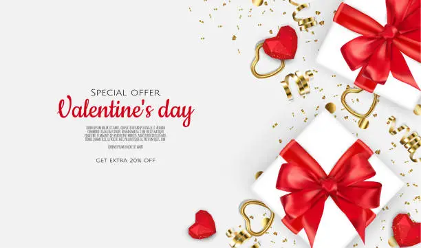 Vector illustration of Happy Valentines Day. Realistic 3d design of festive objects gift box, heart, gold confetti. Holiday banner, web poster, flyer, stylish brochure, greeting card, Vector illustration