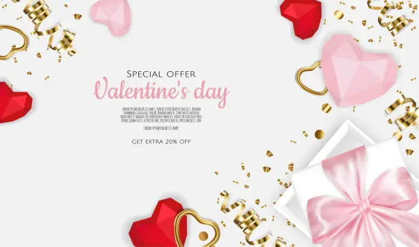 Vector illustration of Happy Valentines Day. Realistic 3d design of festive objects gift box, heart, gold confetti. Holiday banner, web poster, flyer, stylish brochure, greeting card, Vector illustration