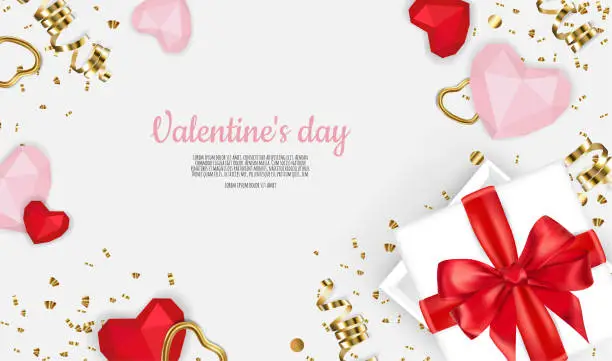 Vector illustration of Happy Valentines Day. Realistic 3d design of festive objects gift box, heart, gold confetti. Holiday banner, web poster, flyer, stylish brochure, greeting card, Vector illustration