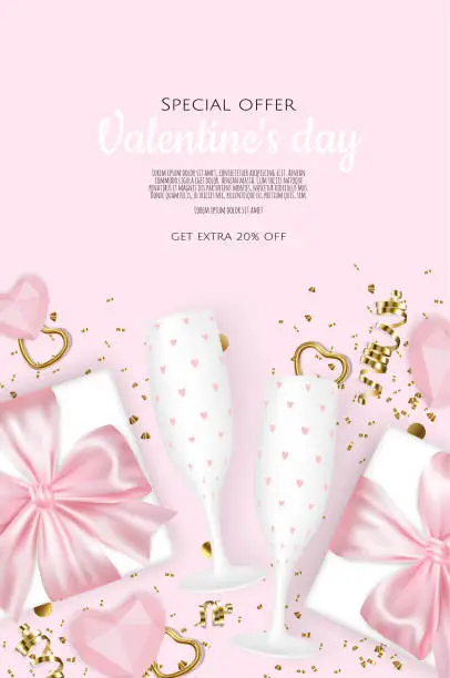 Vector illustration of Happy Valentines Day. Realistic 3d design of festive objects gift box, heart, gold confetti. Holiday banner, web poster, flyer, stylish brochure, greeting card, Vector illustration