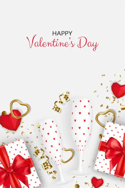 Vector illustration of Happy Valentines Day. Realistic 3d design of festive objects gift box, heart, gold confetti. Holiday banner, web poster, flyer, stylish brochure, greeting card, Vector illustration