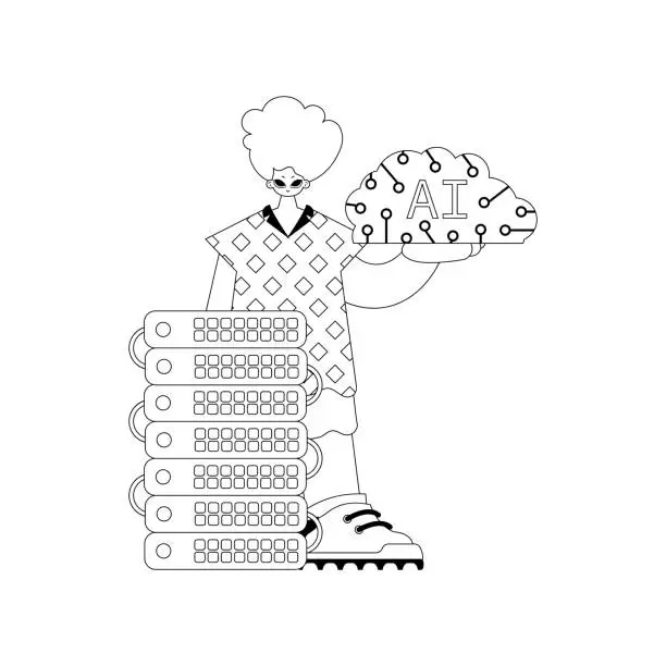Vector illustration of AI Guy and Server, Vector Linear Style in an Artificial Intelligence Theme