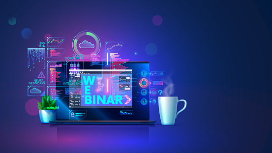 Webinar of technology web development. Laptop with education materials and programm interfaces on screen computer. Online tutorial of programming of artificial intelligence. Online webinar concept.