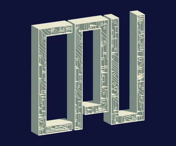 Vector illustration of Nanotechnology concept in realistic style. Processor, central processing unit, microcircuit inscribed in the text of the CPU on a neutral dark background.