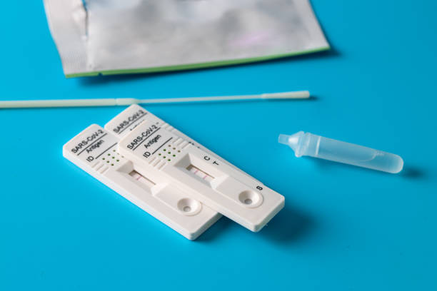 istock Covid-19 Test rapid antigen diagnostic test device with negative and positive result on blue background 1480588599