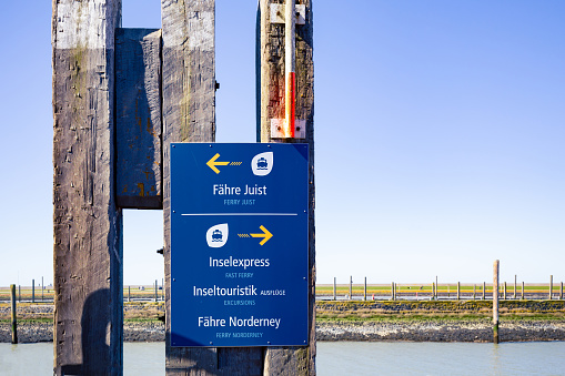 Sign to the ferry to Norderney and Juist, East Frisian, Germany