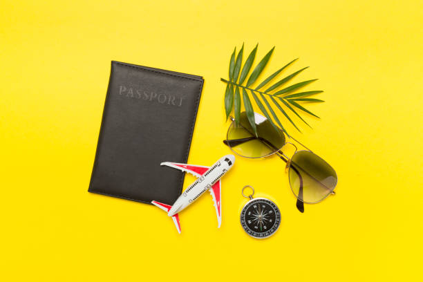 istock Traveler accessories on color background, top view 1480590091