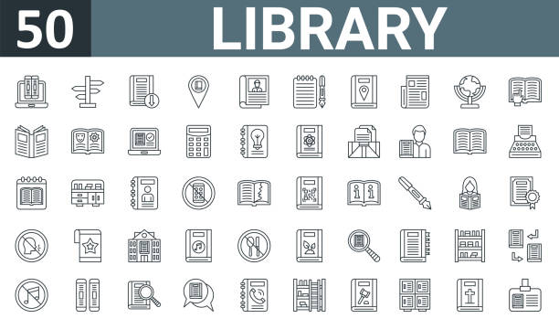 set of 50 outline web library icons such as online library, direction, download, library, magazine, notebook, book vector thin icons for report, presentation, diagram, web design, mobile app. set of 50 outline web library icons such as online library, direction, download, library, magazine, notebook, book vector thin icons for report, presentation, diagram, web design, mobile app. teared stock illustrations