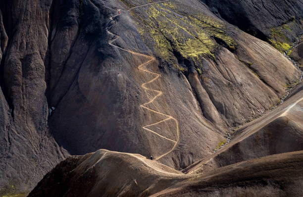 Difficult hiking trail at Landmannalaugar, popular tourist place in Iceland stock photo