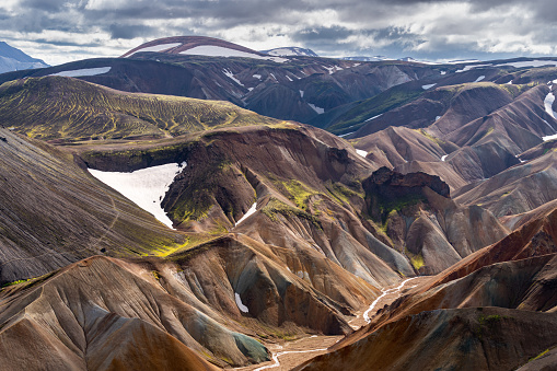 Laugavegur hiking trail in Iceland, scenic view of colorful mountains at Landmannalaugar and Fjallbak Nature Reserve in summer