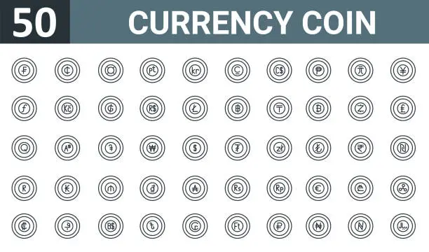 Vector illustration of set of 50 outline web currency coin icons such as swiss franc, cedis, generic, pea, krone, afghani, canadian dollar vector thin icons for report, presentation, diagram, web design, mobile app.