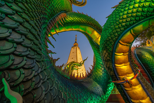 Colorful and Beautiful King of Nagas at Phra That Nong Bua Temple. Ubon Ratchathani province, Thailand