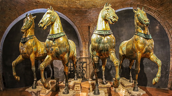 Venice: Ancient Bronze Horses of Saint Mark (Cavalli di San Marco), known as the Triumphal Quadriga or Horses of the Hippodrome of Constantinople, inside Basilica di San Marco.