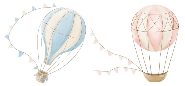 Set of Hot Air Balloons in pastel blue and pink colors for Baby Shower. Hand drawn watercolor illustration on isolated background for kids party greeting cards. Bundle of vintage aerostats for nursery