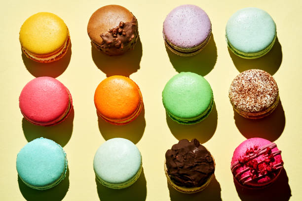 istock Pattern of different macarons with various flavors. Bright colours. French pastries 1480598016