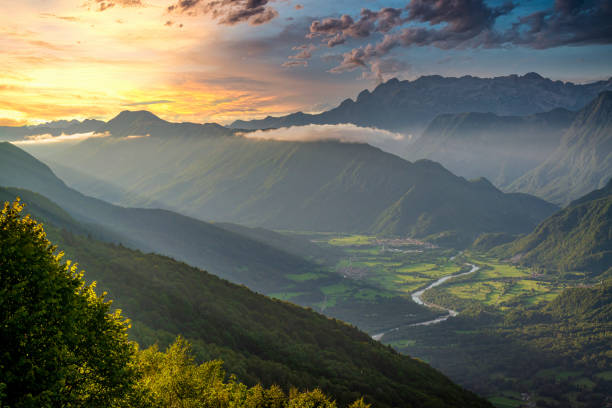 Stunning view on Soca valley and Kobarid town stock photo