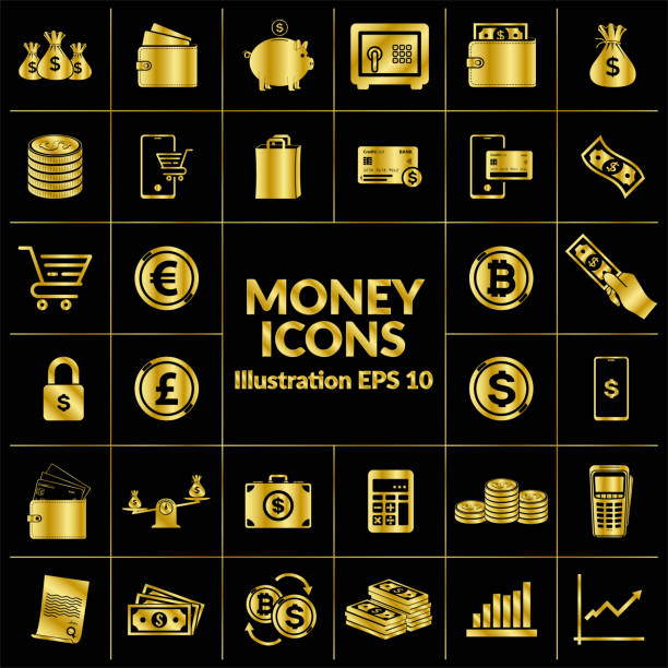 Set of golden icons of finance, currency, trade... Vector illustration in HD very easy to make edits. piggy bank gold british currency pound symbol stock illustrations