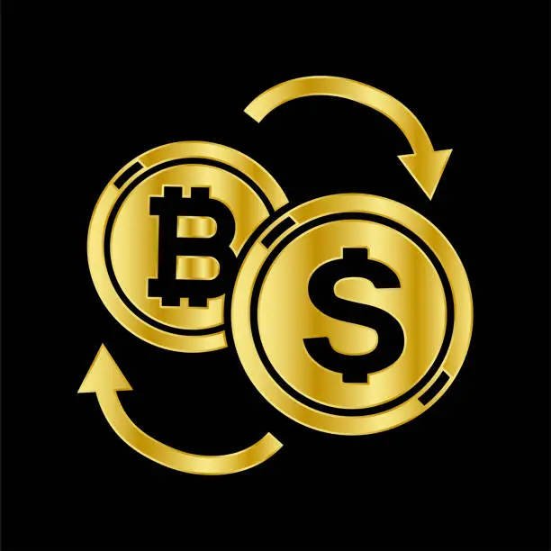 Vector illustration of Bitcoin dollar exchange, golden icon.