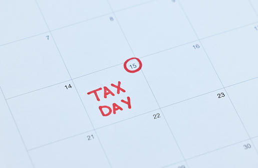 Tax day, calendar schedule and reminder for government law compliance deadline, file income tax return or self assessment. Remember date, financial audit and due date for finance payment and taxes