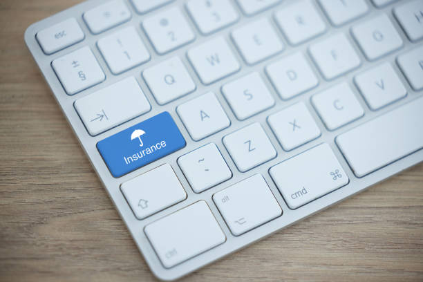 istock Keyboard, insurance button and computer for security of house, life and car on table. Pc, desk and ecommerce for planning, safety and future with technology, policy or cashback for emergency event 1480602433