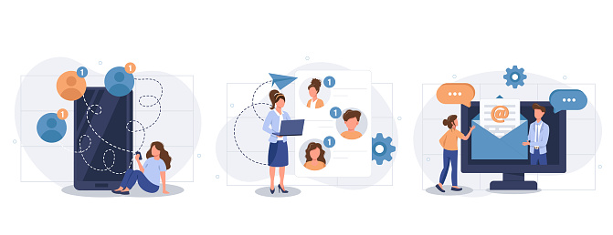Email service concept set. Users correspond in chats, sending messages in apps. People isolated scenes in flat design. Vector illustration for blogging, website, mobile app, promotional materials