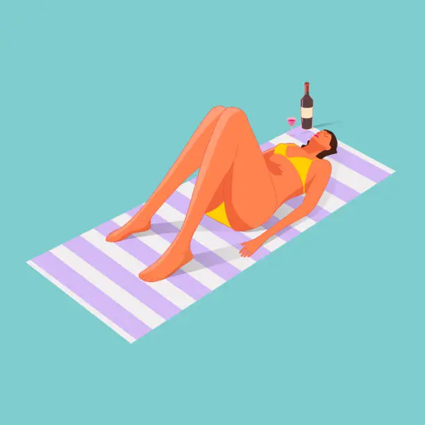 Vector illustration of Young Woman Sunbathing on Beach Towel,Isometric View of Lying Girl in Orange Bikini Vector Illustration