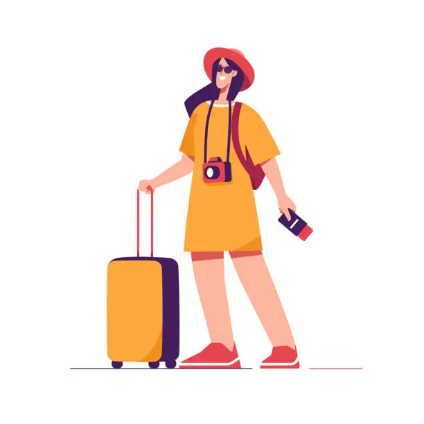Vector illustration of Vector illustration of woman tourist traveler with backpack and suitcase holding passport with tickets