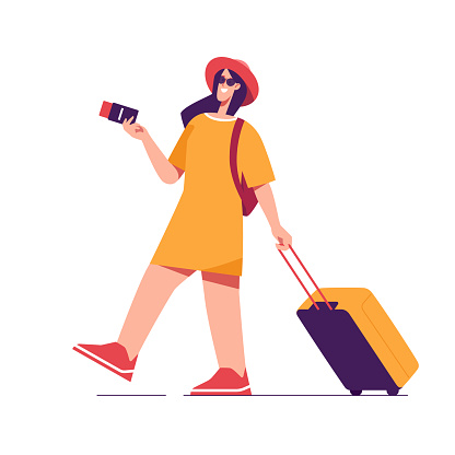 istock Vector illustration of woman tourist traveler with backpack and suitcase holding passport with tickets 1480605721