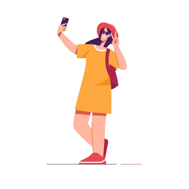 Vector illustration of Vector illustration of woman tourist traveler wearing hat with backpack taking selfie