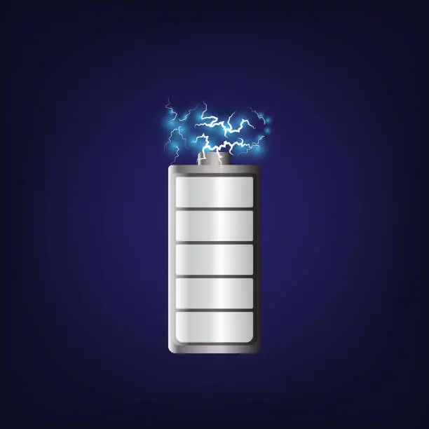 Vector illustration of Discharged full battery glowing with white light charging status indicator isolated on blue background.