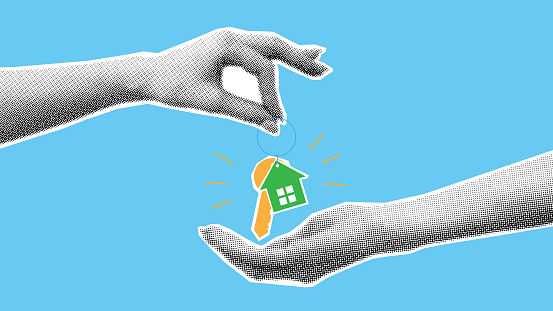 Real estate selling concept banner. Halftone hand gives keys to buyer. Creative collage with paper cut elements. Loan, mortgage or real estate business selling concept. Vector illustration.