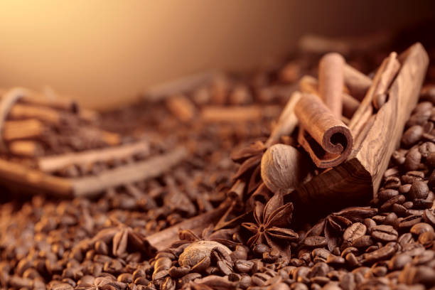 istock Roasted coffee beans with cinnamon sticks, anise, and nutmeg. 1480612984