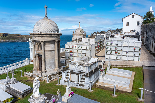 Beachfront cemetery located on a cliff in the Cantabrian Sea in Luarca, Asturias