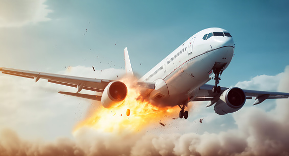 Airplane explosion with engine on fire