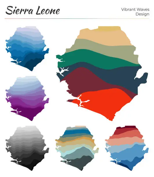 Vector illustration of Set of vector maps of Sierra Leone. Vibrant waves design. Bright map of country in geometric smooth curves style. Multicolored Sierra Leone map for your design. Modern vector illustration.