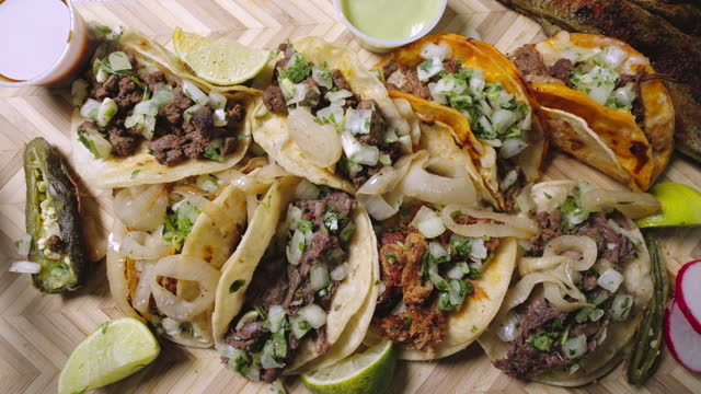 Authentic street tacos are served on soft corn tortillas, filled with juicy carne asada, topped with cheese, cilantro, onion, and a squeeze of lime, on a rustic wood cutting board
