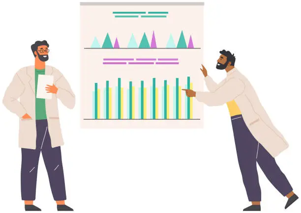 Vector illustration of Scientist works with data analytics and research of statistics. Man with loupe looking at chart