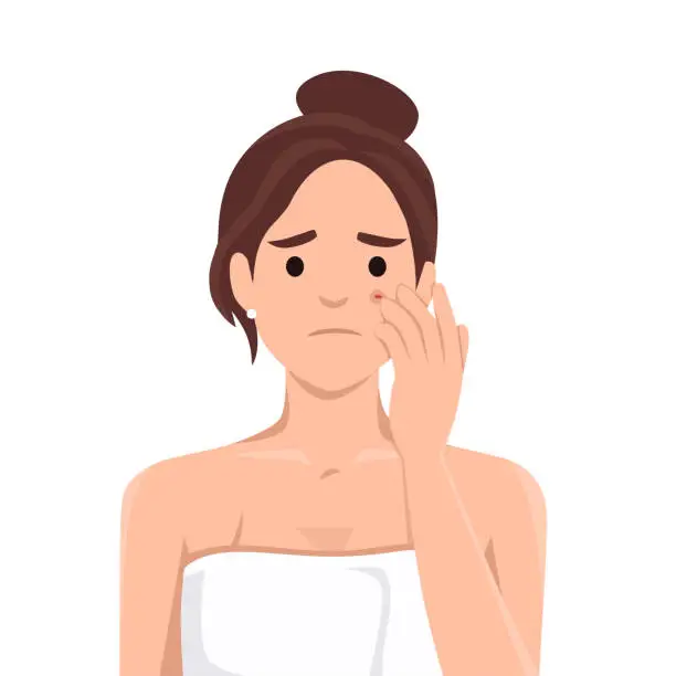 Vector illustration of Health, care, examination, frustration concept. Young sad upset woman girl teenager cartoon character looking at mirror popping squeezing pimple at home