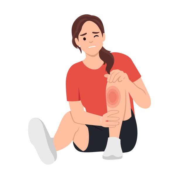 ilustrações de stock, clip art, desenhos animados e ícones de unhealthy girl sit on ground suffer from knee pain. unhappy unwell woman struggle with leg injury or trauma - physical injury