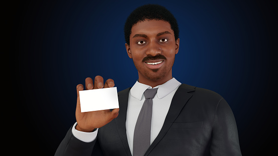 young man presenting business card holding empty copy space corporate networking advertisement african man 3D illustration