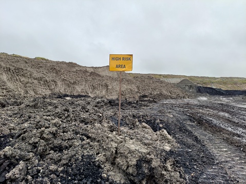 A sign warning of danger under an avalanche in a mine.