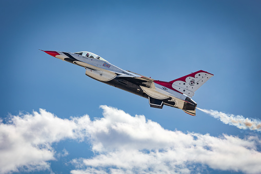 Tucson, Arizona, USA - March 24, 2023: A US Air Force Thunderbird takes off at the 2023 Thunder and Lightning Over Arizona.
