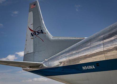 El Paso, Texas, USA - March 21, 2023: The tail of NASA's Aero Spacelines Super Guppy on the tarmac.