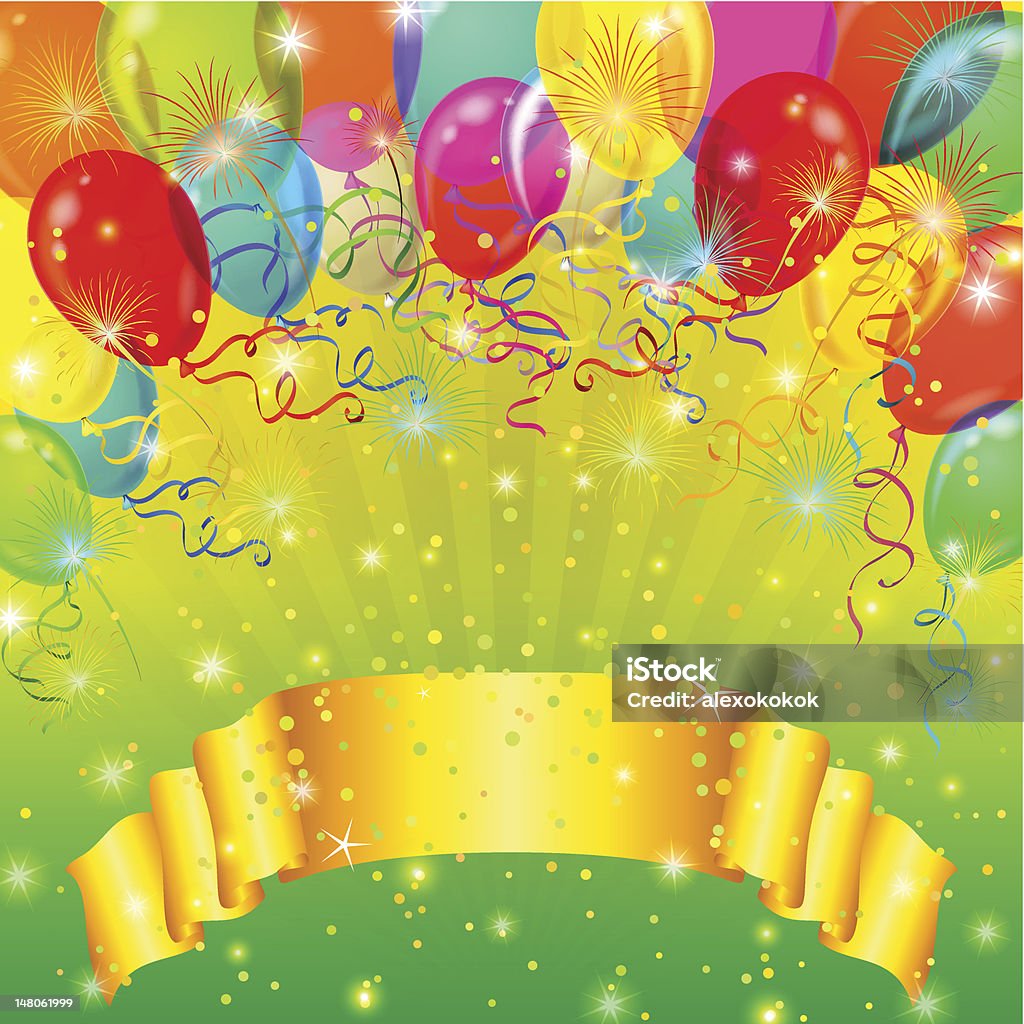 Holiday background with balloons Holiday background with banner, various color balloons, fireworks and confetti on green. Vector eps10, contains transparencies Abstract stock vector