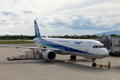Hakodate, Japan - September 1, 2022 : All Nippon Airways Airbus A321 at Hakodate Airport in Hokkaido, Japan.