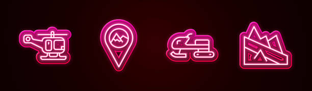 istock Set line Rescue helicopter, Location with mountain, Snowmobile and Mountain descent. Glowing neon icon. Vector 1480621776